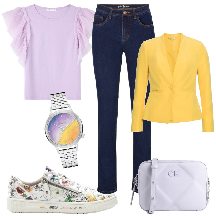 Outfit donna - Un po di colore. Stile Casual chic per Tutti i giorni. Abbinamento con blazer, sneakers, jeans, borse a tracolla, orologi, t-shirt.