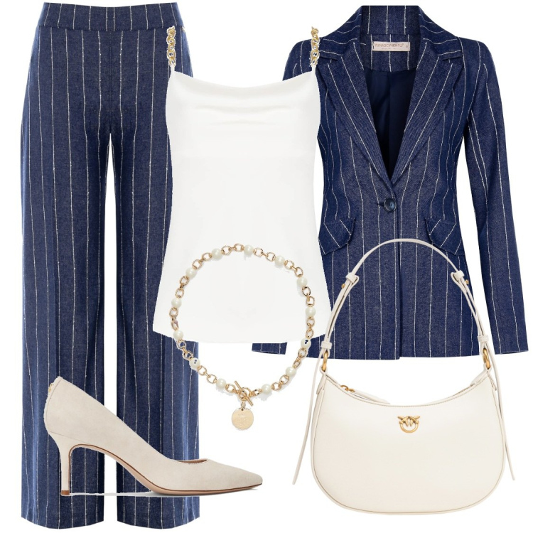 Outfit donna - Una promozione importante. Stile Chic per Serata fuori. Abbinamento con borse a tracolla, blazer, pantaloni a palazzo, top, collane, décolleté.