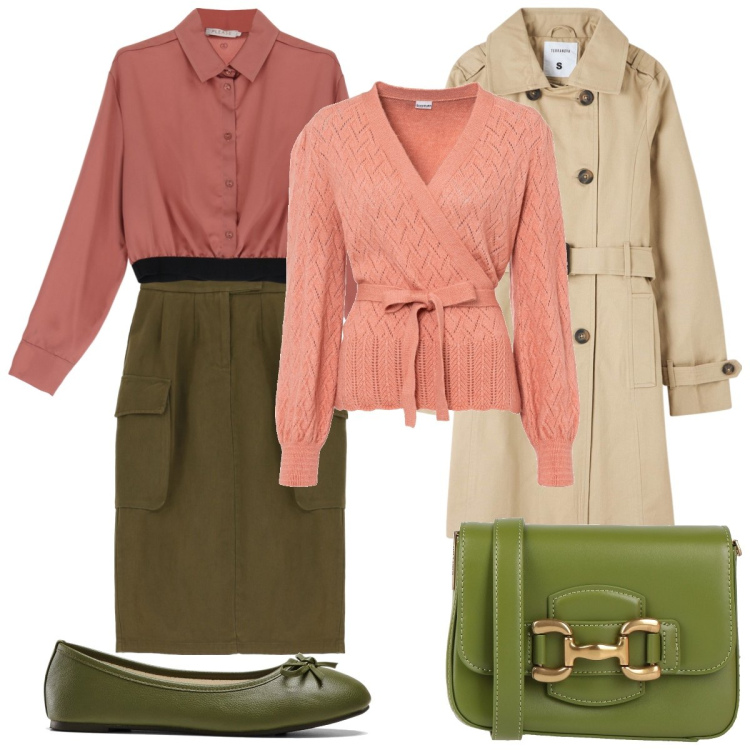 Outfit donna - Sbocciano i fiori. Stile Casual chic per Tutti i giorni. Abbinamento con maglieria, ballerine, borse a tracolla, trench, camicie, gonne longuette.