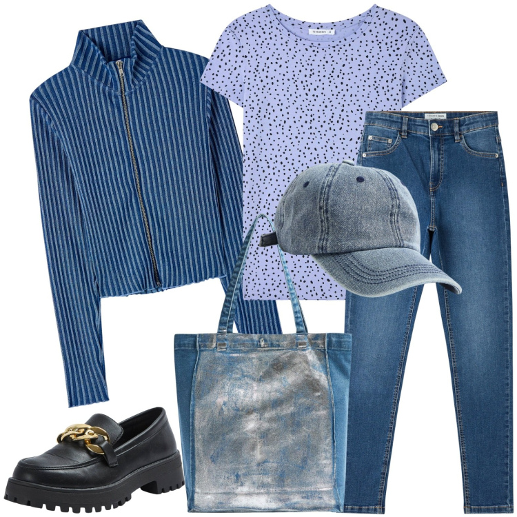 Outfit donna - Total look #1827831. Stile Casual per Tutti i giorni. Abbinamento con maglieria, jeans skinny, t-shirt, cappelli, shopping bag, mocassini.