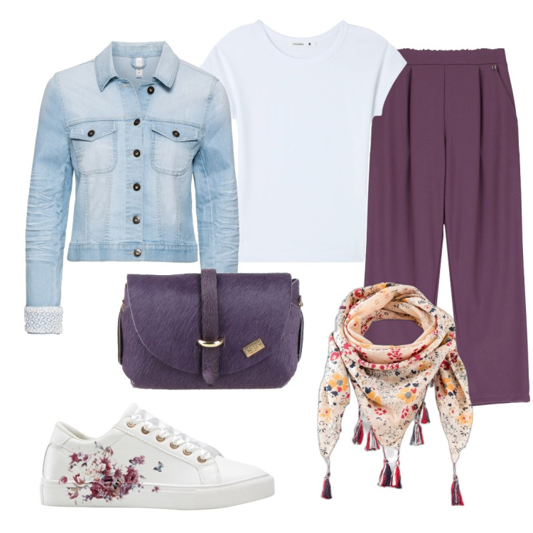 Outfit donna - Scarpa e foulard fiorati. Stile Casual per Tutti i giorni. Abbinamento con sneakers, blazer, foulard, borse a mano, t-shirt, pantaloni.