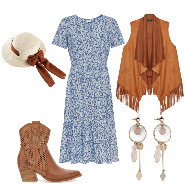 Outfit donna - Passeggiata boho. Stile Boho per Tutti i giorni. Abbinamento con cappelli, orecchini, vestiti, stivaletti texani, gilet.