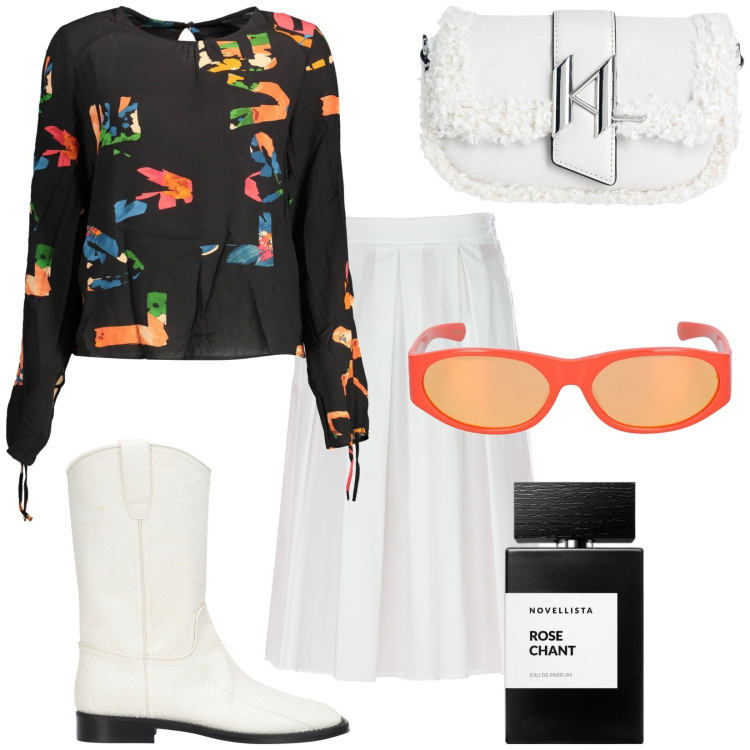 Outfit donna - Voglio arrivare così. Stile Trendy per Tutti i giorni. Abbinamento con borse a spalla, stivaletti, profumi, maglieria, occhiali da sole, gonne longuette.