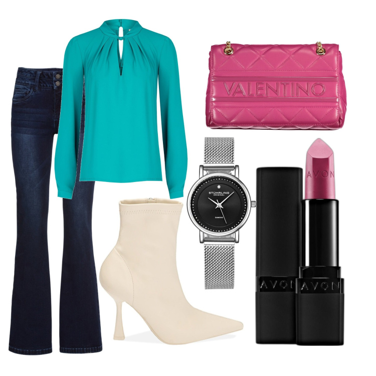 Outfit donna - Sex and the city. Stile Casual chic per Ufficio. Abbinamento con jeans bootcut, orologi, rossetti, bluse, stivaletti, borse a spalla.