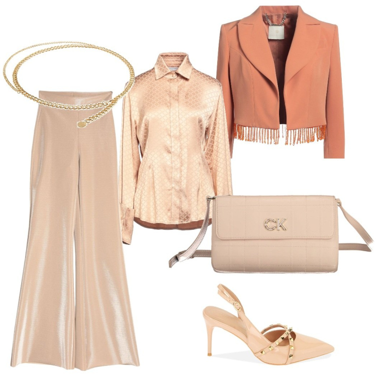 Outfit donna - Toni neutri. Stile Chic per Cerimonia. Abbinamento con pantaloni, blazer, camicie, cinture, décolleté, borse a tracolla.