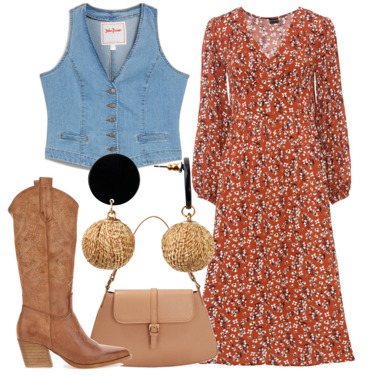 Outfit donna - Curvy Boho. Stile Boho per Tutti i giorni. Abbinamento con orecchini, gilet, vestiti midi/longuette, borse a spalla, stivaletti.