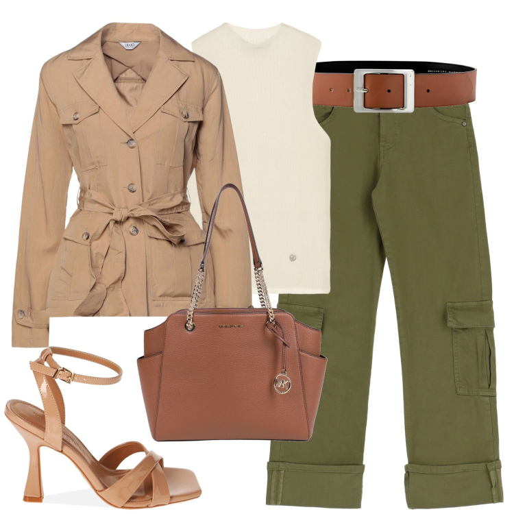 Outfit donna - City. Stile Urban per Tutti i giorni. Abbinamento con cinture, blazer, borse a spalla, pantaloni cargo, top, sandali col tacco.