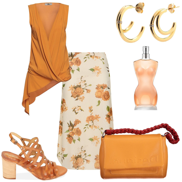 Outfit donna - Una giornata solare. Stile Glamour per Tutti i giorni. Abbinamento con top, orecchini, profumi, sandali col tacco, gonne longuette, borse a spalla.