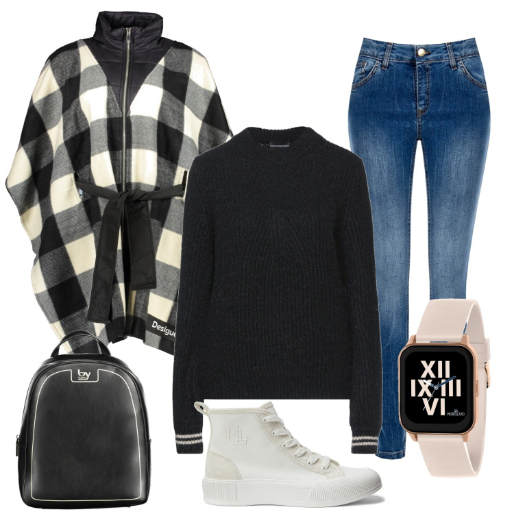 Outfit donna - all\'Università. Stile Basic per Scuola/Università. Abbinamento con orologi, sneakers alte, pullovers, jeans skinny, cappotti, zaini.