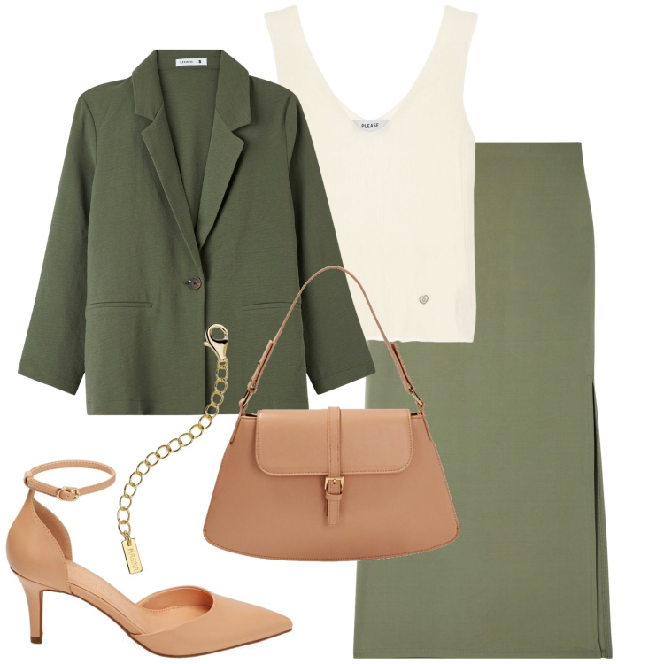 Outfit donna - City. Stile Urban per Tutti i giorni. Abbinamento con gonne lunghe, blazer, collane, top, décolleté, borse a spalla.