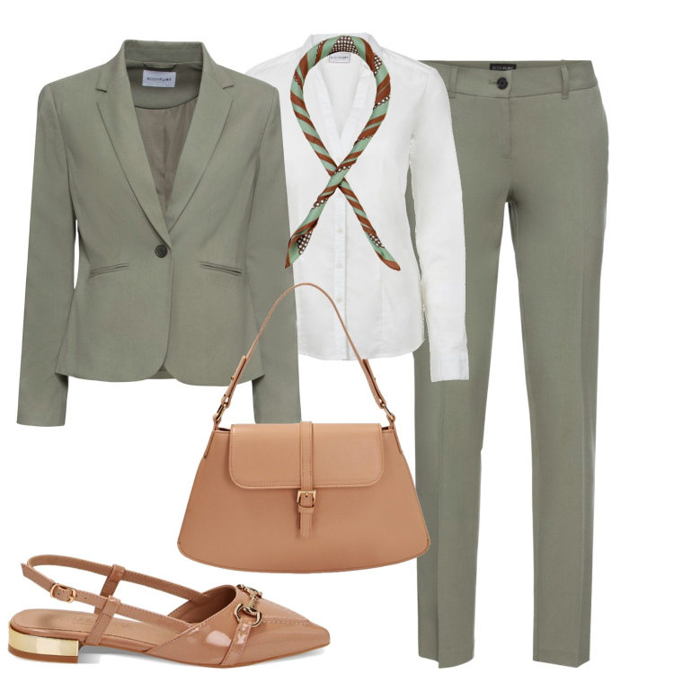 Outfit donna - Perfetta per un nuovo giorno. Stile Chic per Tutti i giorni. Abbinamento con pantaloni, blazer, camicie, foulard, ballerine, borse a spalla.