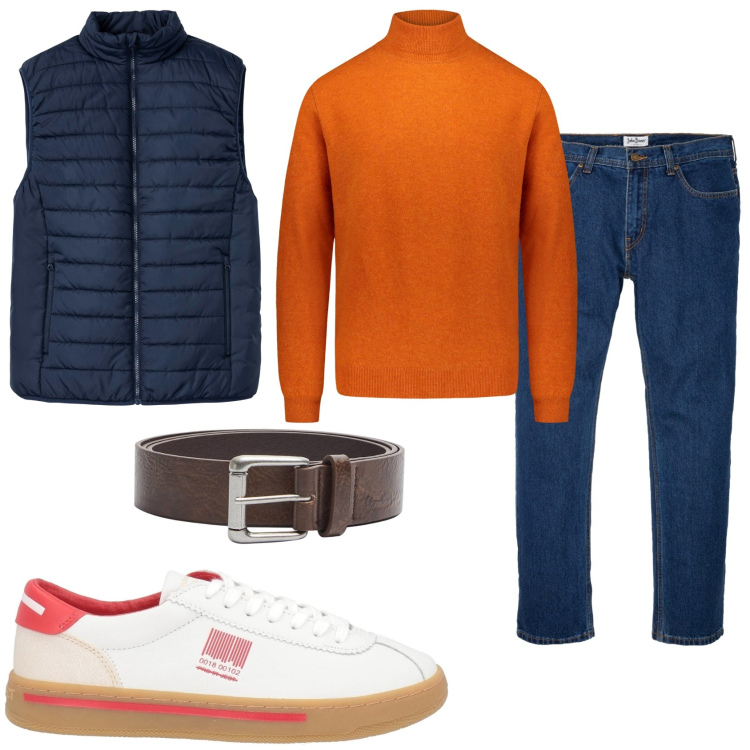 Outfit uomo - La domenica in libertà. Stile Urban per Tutti i giorni. Abbinamento con jeans dritti, gilet, sneakers, cinture, maglieria.