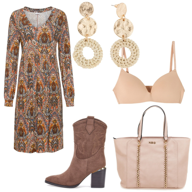 Outfit donna - Vestito versione bohemien. Stile Boho per Tutti i giorni. Abbinamento con vestiti, orecchini, reggiseni, stivaletti, borse a spalla.