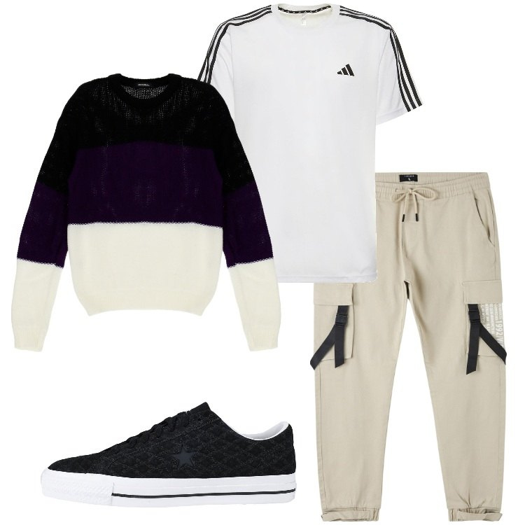 Outfit uomo - Una birra con gli amici. Stile Casual per Tutti i giorni. Abbinamento con sneakers, pantaloni cargo, maglieria, t-shirt.