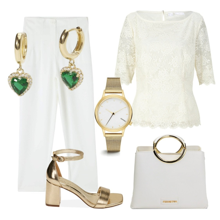 Outfit donna - White e oro. Stile Chic per Cerimonia. Abbinamento con bluse, orologi, pantaloni chino, orecchini, sandali col tacco, borse a mano.