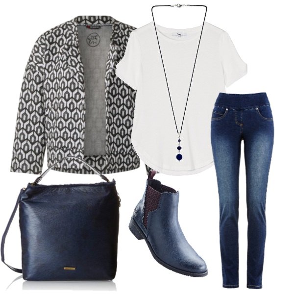 Outfit donna - City blue. Stile Urban per Tutti i giorni. Abbinamento con jeans slim fit, stivaletti chelsea blu, t-shirt bianco, t-shirt con nodi e scollo con orlo bianco, collana in argento 925 blu, borsa a spalla blu.