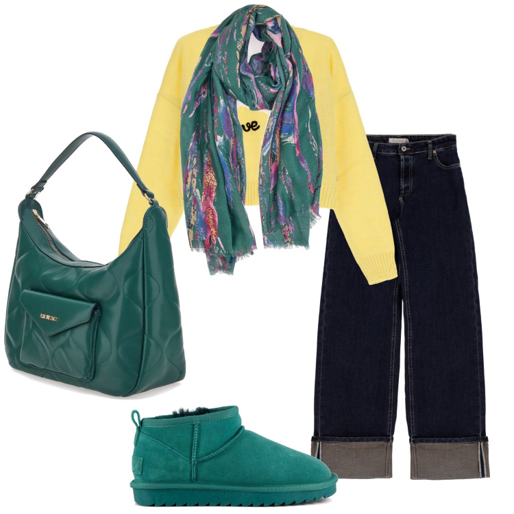 Outfit donna - Jeans con risvolto. Stile Casual per Scuola/Università. Abbinamento con jeans, maglieria, stivali, borse a spalla, sciarpe.