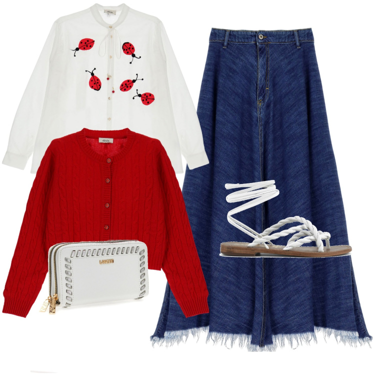 Outfit donna - Coccinelle. Stile Romantica per Tutti i giorni. Abbinamento con gonne lunghe, camicie, cardigans, sandali, portafogli.
