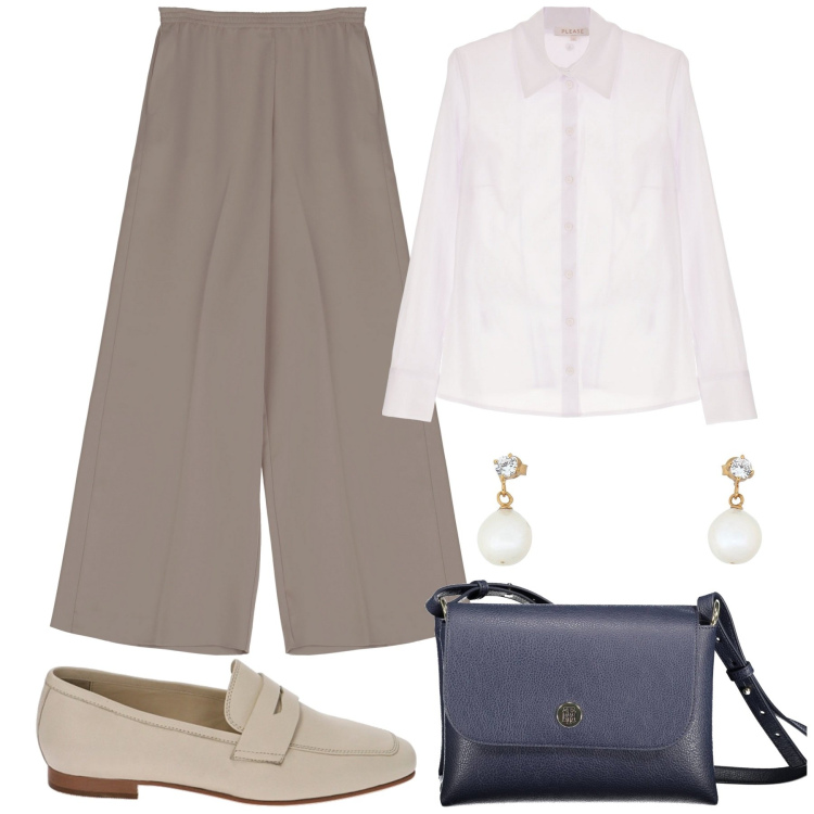 Outfit donna - Classicamente. Stile Casual chic per Ufficio. Abbinamento con orecchini, camicie, pantaloni a palazzo, mocassini, borse a spalla.