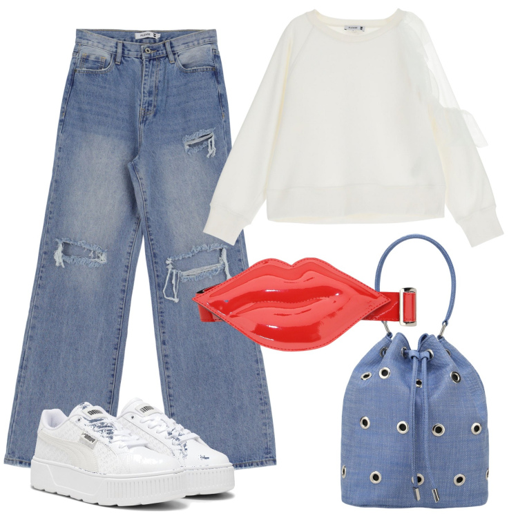 Outfit donna - Mattina al parco. Stile Basic per Tutti i giorni. Abbinamento con jeans dritti, felpe, cinture, borse a secchiello, sneakers.