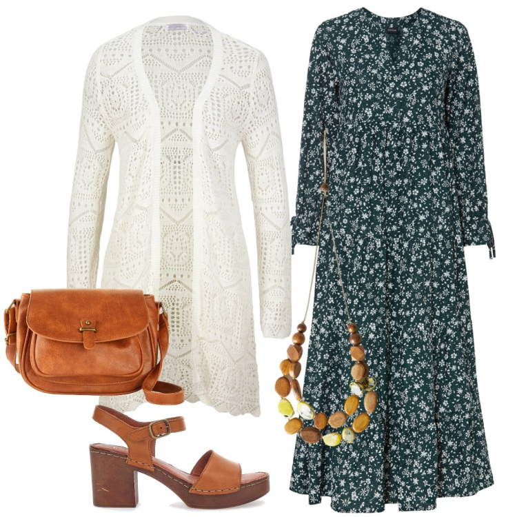 Outfit donna - L’abito lungo a fiorellini. Stile Boho per Tutti i giorni. Abbinamento con cardigans, borse a tracolla, vestiti lunghi, zoccoli, collane.