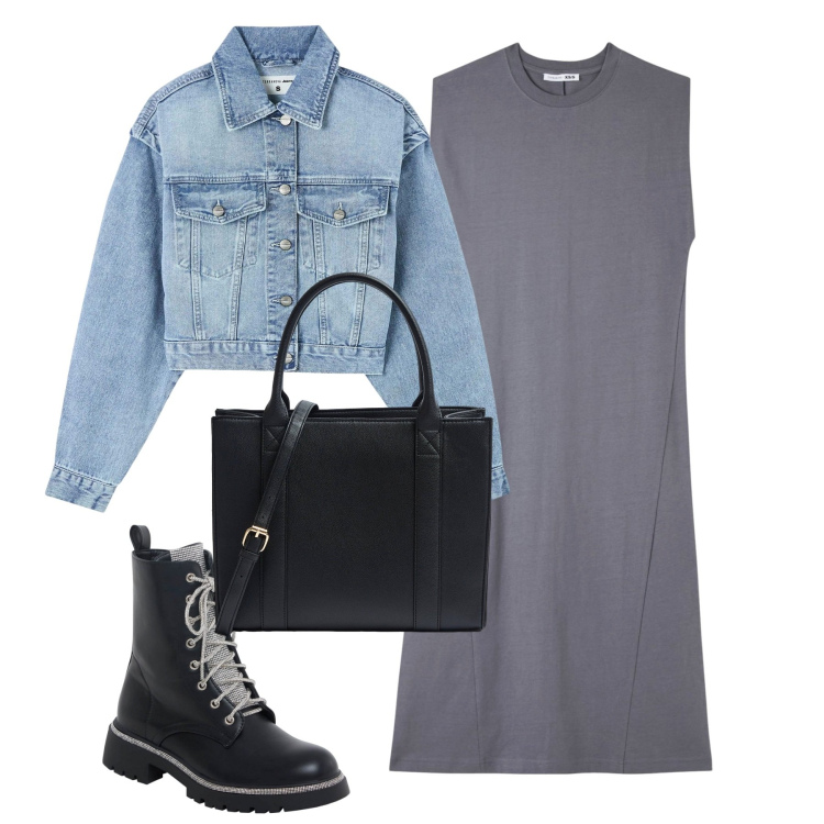 Outfit donna - Terranova. Stile Urban per Scuola/Università. Abbinamento con vestiti senza maniche, shopping bag, anfibi, blazer.