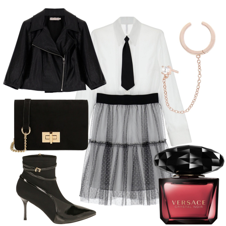 Outfit donna - Donna in cravatta. Stile Glamour per Serata fuori. Abbinamento con profumi, orecchini, blazer, vestiti corti, stivaletti, borse a tracolla.