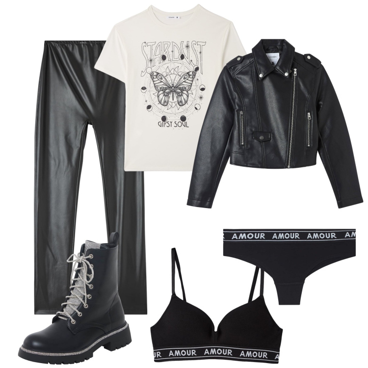 Outfit donna - Terranova dark. Stile Rock per Tutti i giorni. Abbinamento con treggings, reggiseni, anfibi, t-shirt, giacche, culotte.