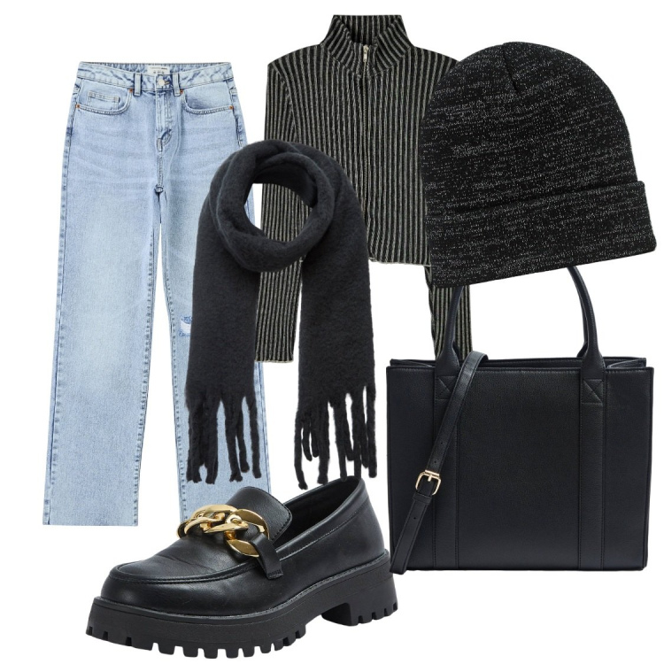 Outfit donna - In giro per il centro città. Stile Casual per Tutti i giorni. Abbinamento con maglieria, shopping bag, cappelli con visiera, mocassini, sciarpe, jeans strappati.