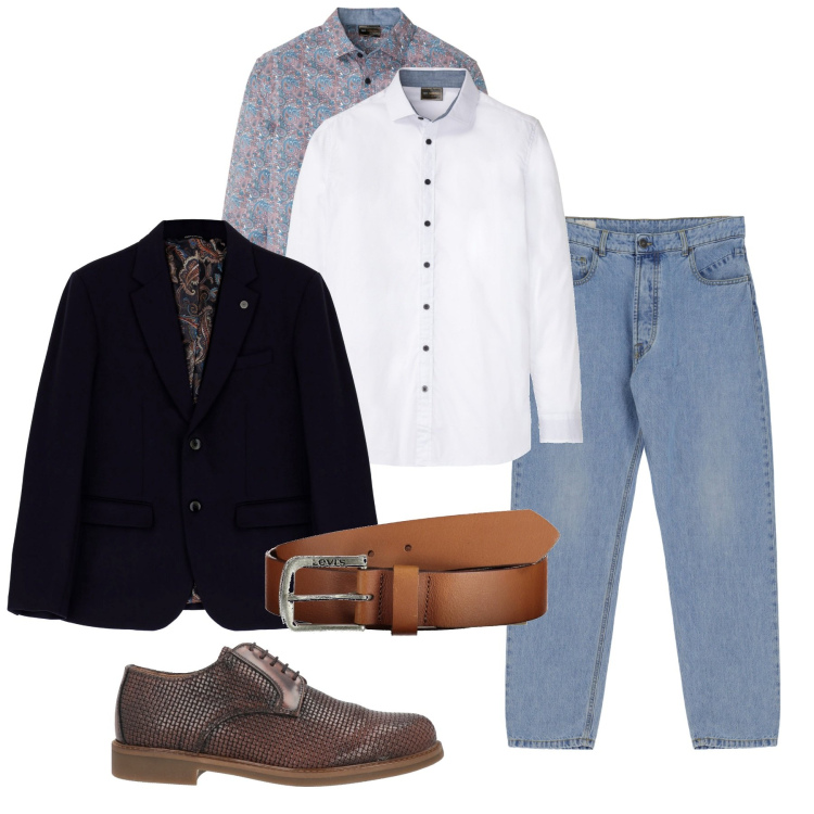 Outfit uomo - Blazer blu per primavera. Stile Casual per Tutti i giorni. Abbinamento con scarpe stringate, camicie, cappotti, jeans slim fit, cinture.