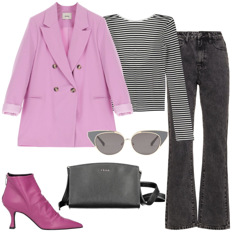 Outfit donna - Malva. Stile Casual chic per Tutti i giorni. Abbinamento con stivaletti, occhiali da sole, t-shirt, blazer, jeans dritti, borse a tracolla.