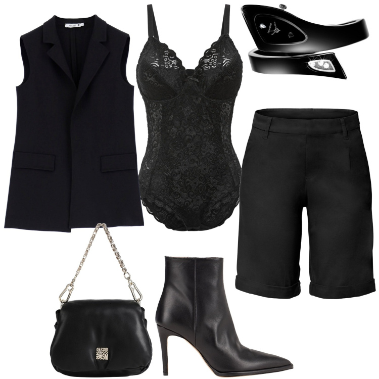 Outfit donna - Bermuda elasticizzati. Stile Casual per Serata fuori. Abbinamento con body, bermuda, orologi, stivaletti, borse a mano, gilet.