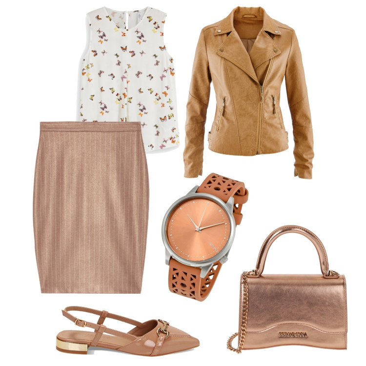 Outfit donna - All’ora di pranzo con gli amici. Stile Casual chic per Tutti i giorni. Abbinamento con top, blazer, orologi, ballerine, borse a mano, gonne.
