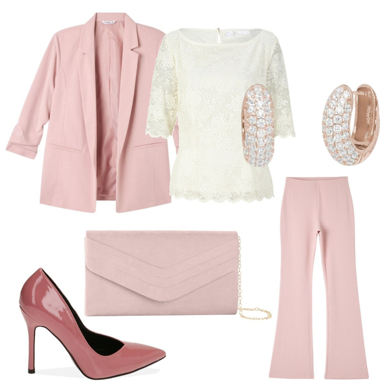 Outfit donna - Cerimonia. Stile Chic per Cerimonia. Abbinamento con pochette, bluse, pantaloni, blazer, orecchini, décolleté.