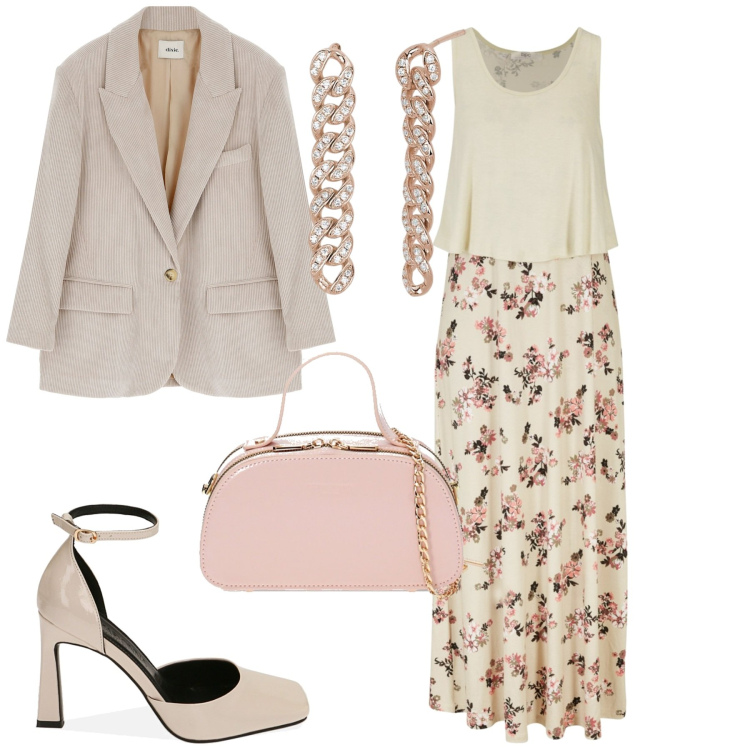 Outfit donna - City. Stile Romantica per Tutti i giorni. Abbinamento con vestiti lunghi, orecchini, décolleté, borse a mano, blazer.