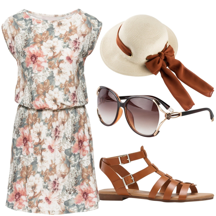 Outfit donna - Total look #1828253. Stile Romantica per Tutti i giorni. Abbinamento con cappelli, occhiali da sole, vestiti senza maniche, sandali.