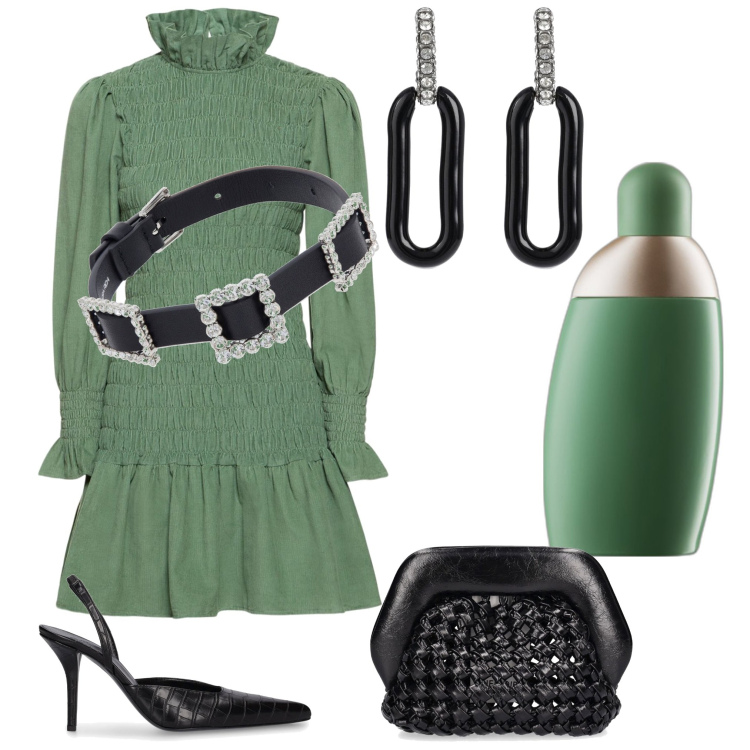 Outfit donna - Verde menta. Stile Chic per Serata fuori. Abbinamento con profumi, orecchini, collane, vestiti, pochette, décolleté.
