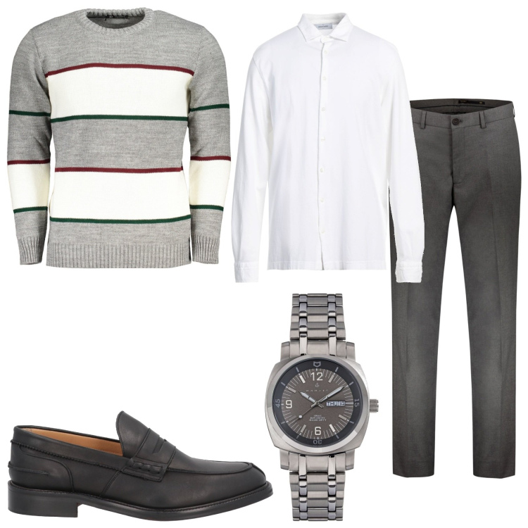 Outfit uomo - In grigio trendy. Stile Trendy per Tutti i giorni. Abbinamento con scarpe stringate, orologi, camicie, pantaloni, maglieria.