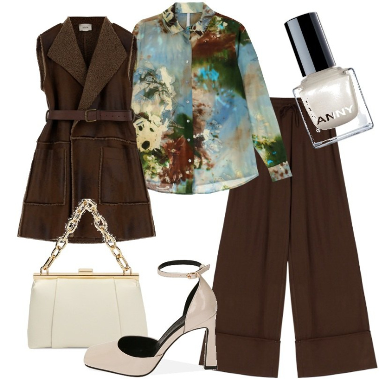 Outfit donna - Camicia fantasia astratta. Stile Casual per Tutti i giorni. Abbinamento con smalti, camicie, décolleté, borse a spalla, blazer, pantaloni a palazzo.