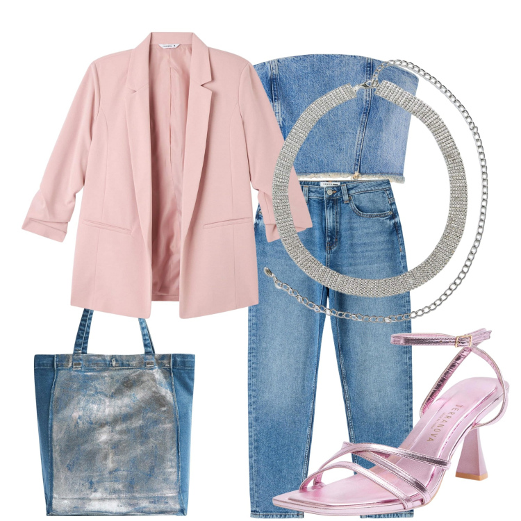 Outfit donna - Jeans. Stile Casual per Tutti i giorni. Abbinamento con cinture, top, blazer, jeans mom, sandali col tacco, shopping bag.