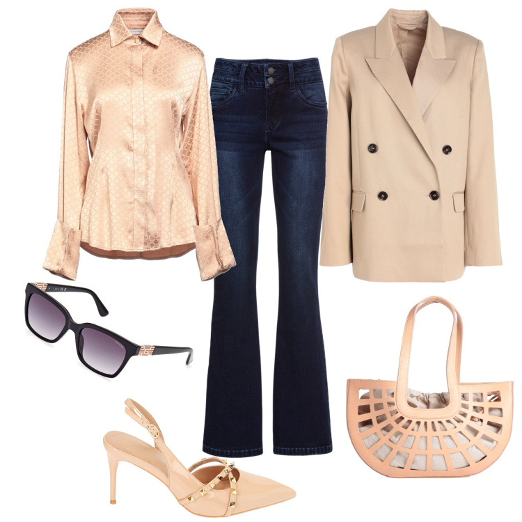 Outfit donna - La sera del compleanno. Stile Casual chic per Serata fuori. Abbinamento con jeans bootcut, borse a spalla, camicie, blazer, décolleté, occhiali da sole.