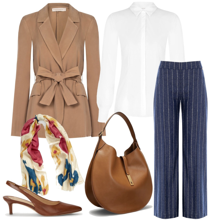 Outfit donna - Elegante tutto il giorno. Stile Chic per Ufficio. Abbinamento con pantaloni a palazzo, blazer, camicie, borse a spalla, décolleté, foulard.
