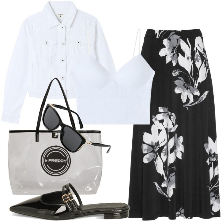 Outfit donna - Total look #1828366. Stile Casual per Tutti i giorni. Abbinamento con occhiali da sole, gonne, top, blazer, shopping bag, sabot.