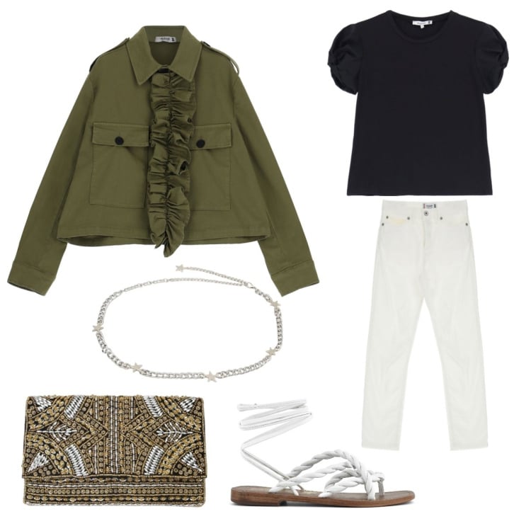 Outfit donna - Comfortably classic. Stile Sporty chic per Serata fuori. Abbinamento con pochette, cinture, blazer, t-shirt, jeans, sandali.