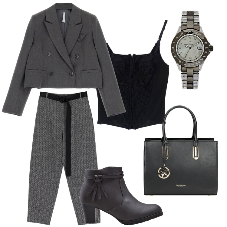 Outfit donna - Total look #1828414. Stile Vintage retrò per Ufficio. Abbinamento con stivaletti, orologi, pantaloni capri, blazer, borse a mano, top.