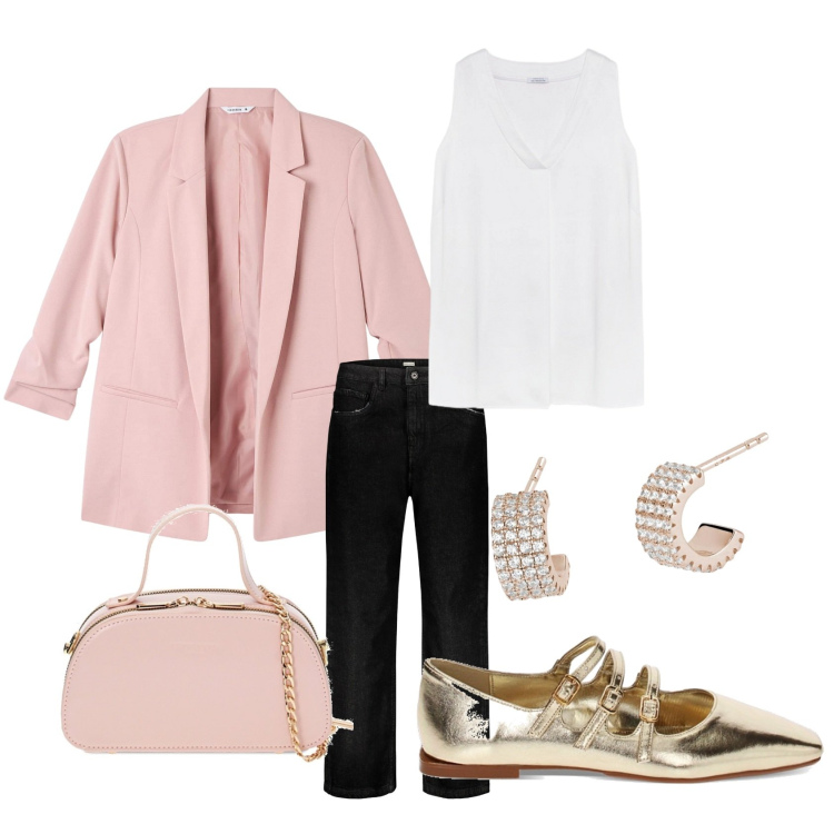 Outfit donna - Total look #1828426. per Ufficio. Abbinamento con top, orecchini, ballerine, borse a mano, jeans, blazer.