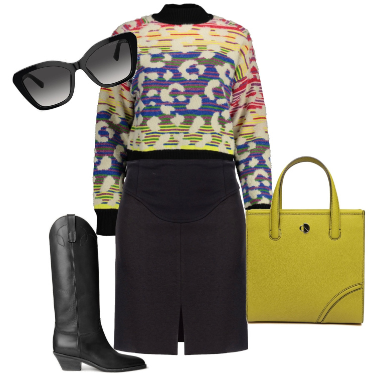 Outfit donna - Aspettando la festa della donna. Stile Casual chic per Ufficio. Abbinamento con minigonne, occhiali da sole, stivali, maglieria, shopping bag.