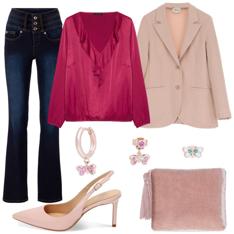 Outfit donna - Aperitivo in centro. Stile Glamour per Serata fuori. Abbinamento con jeans bootcut, orecchini, décolleté, blazer, bluse, pochette.