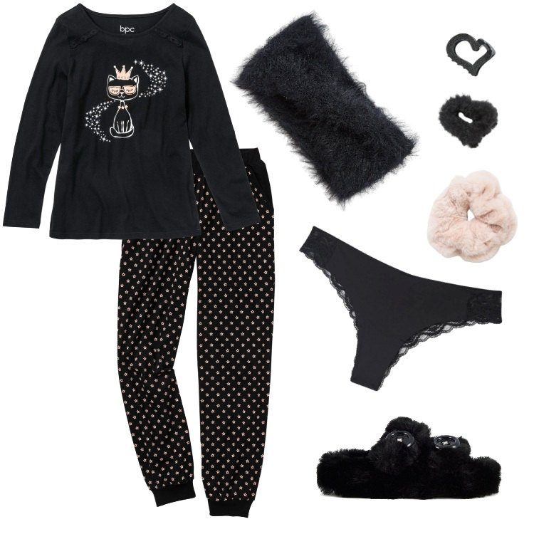 Outfit donna - Gatto Amico Mio - Marzo. Stile Romantica per Tutti i giorni. Abbinamento con pigiama, culotte, accessori per capelli, fasce per capelli, ciabatte.