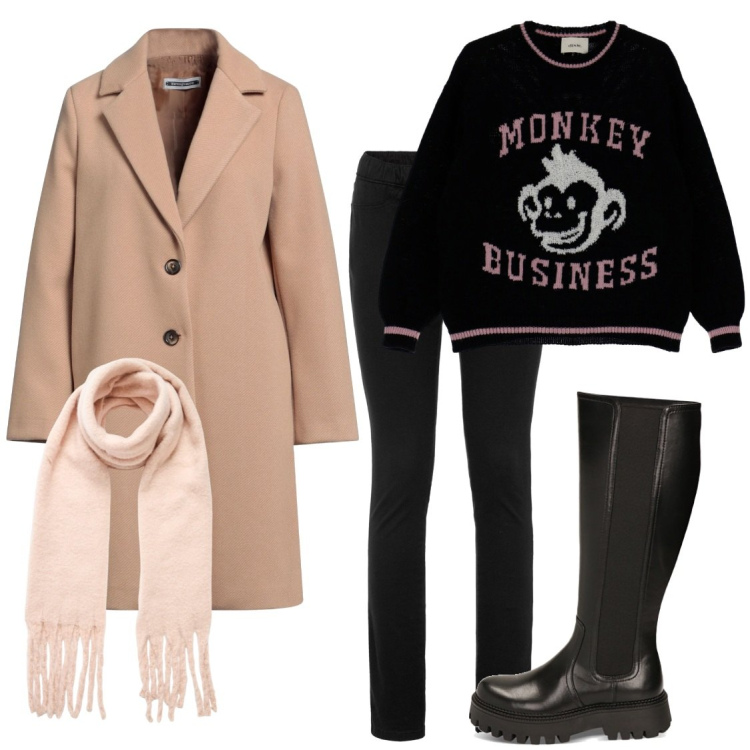 Outfit donna - Un giorno di pioggia. Stile Basic per Tutti i giorni. Abbinamento con jeggings, cappotti, sciarpe, stivaletti chelsea, pullovers.